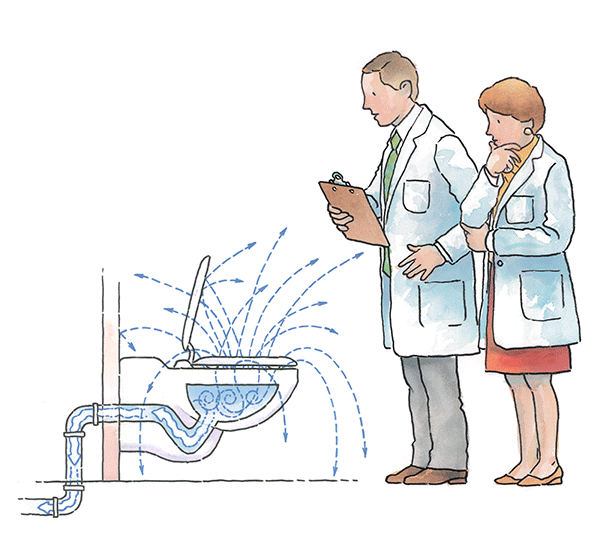 Gravity Toilets create turbulence in the toilet bowl when flushed. As a result, water mist with millions of particles of bacteria is created and migrates out of the toilet bowl and onto the toilet seat and surrounding area